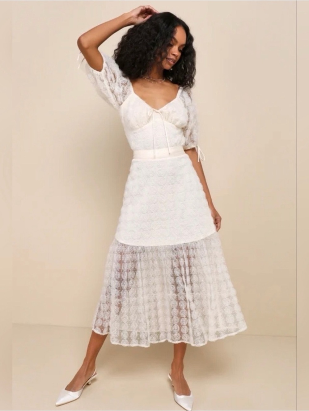 Lulu's White Lace Midi Skirt and Babydoll Top Set